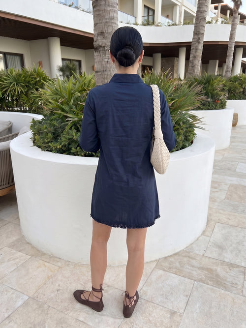 Zummer Navy Blue Tropical Embroidered Cotton Shirt Dress for Women