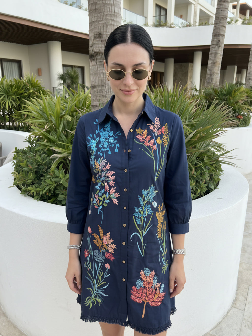 Zummer Navy Blue Tropical Embroidered Cotton Shirt Dress for Women