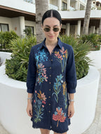 Zummer Navy Blue Tropical Embroidered Cotton Shirt Dress for Women