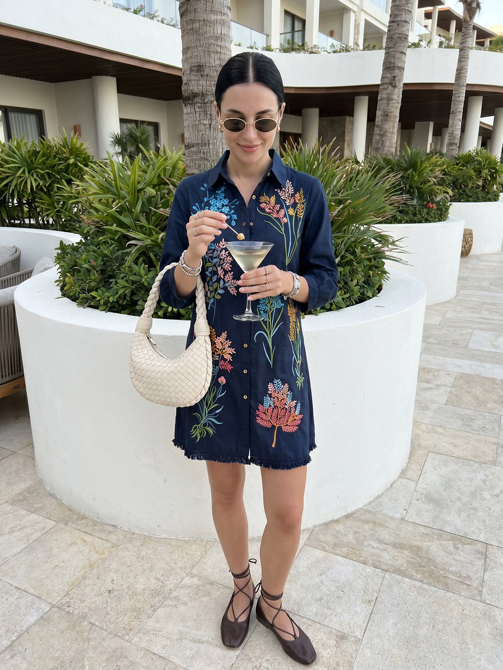 Zummer Navy Blue Tropical Embroidered Cotton Shirt Dress for Women