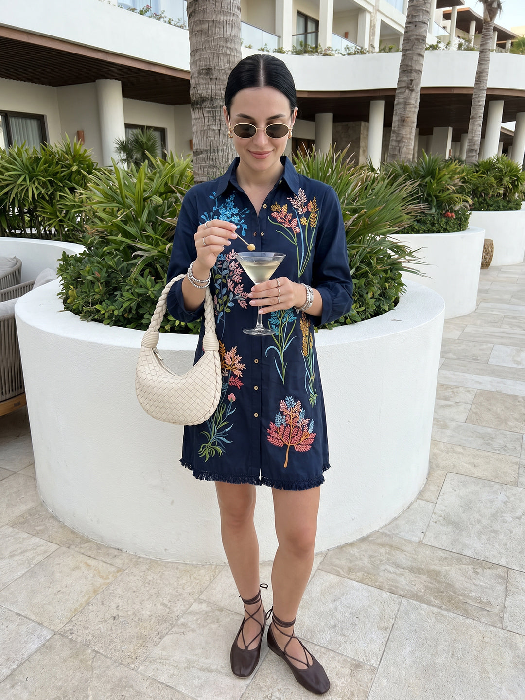 Zummer Navy Blue Tropical Embroidered Cotton Shirt Dress for Women