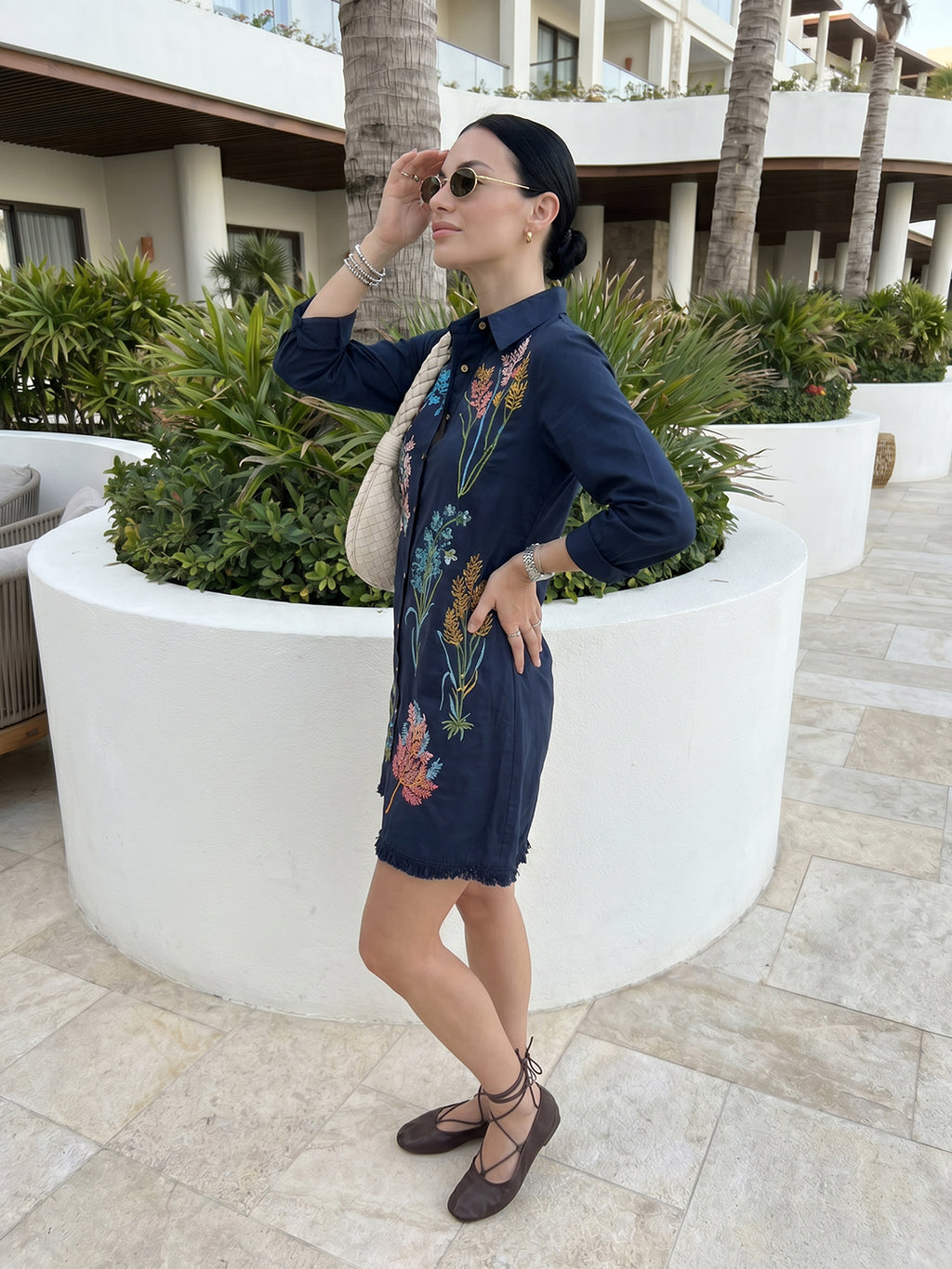 Zummer Navy Blue Tropical Embroidered Cotton Shirt Dress for Women