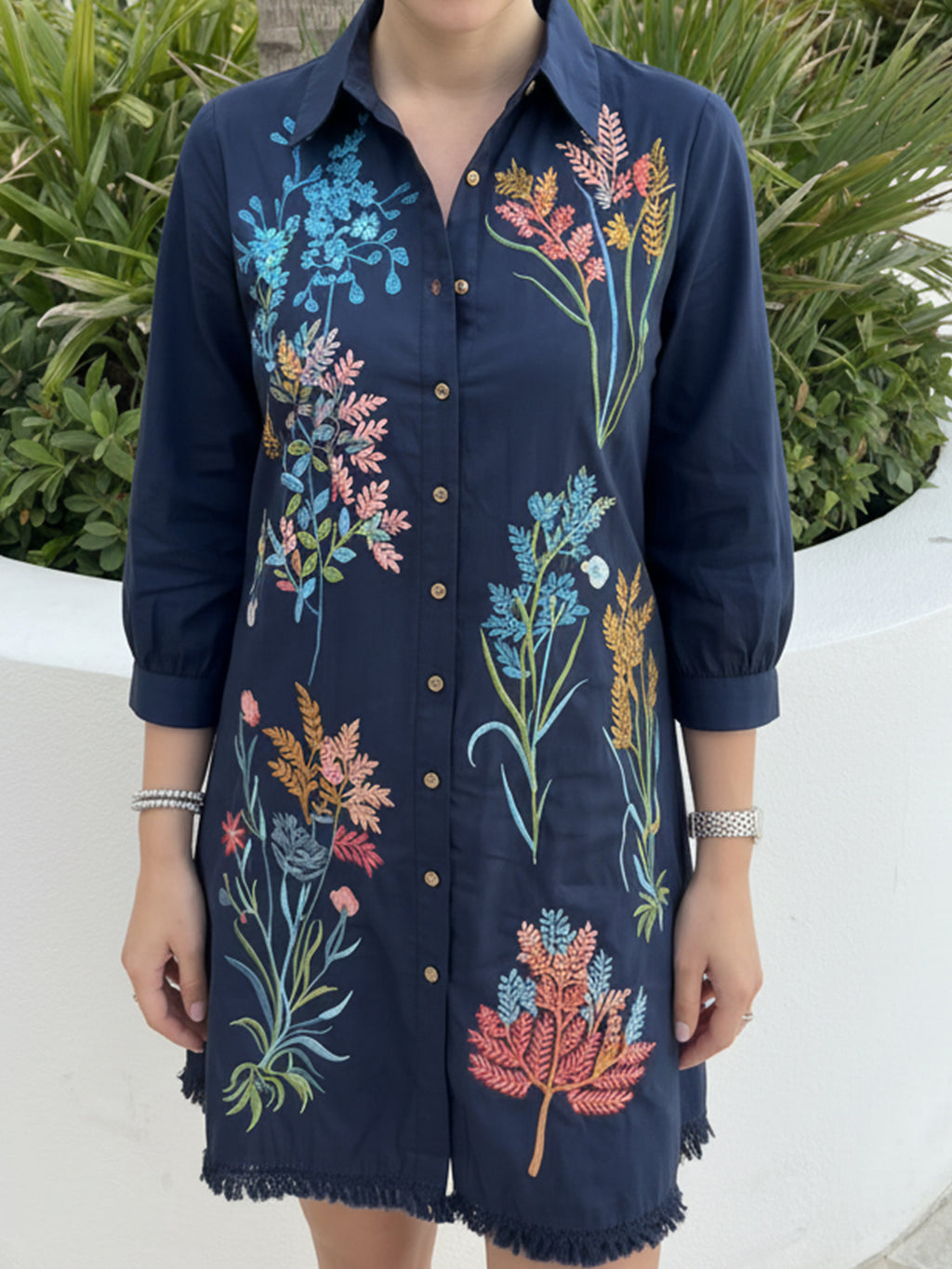 Zummer Navy Blue Tropical Embroidered Cotton Shirt Dress for Women