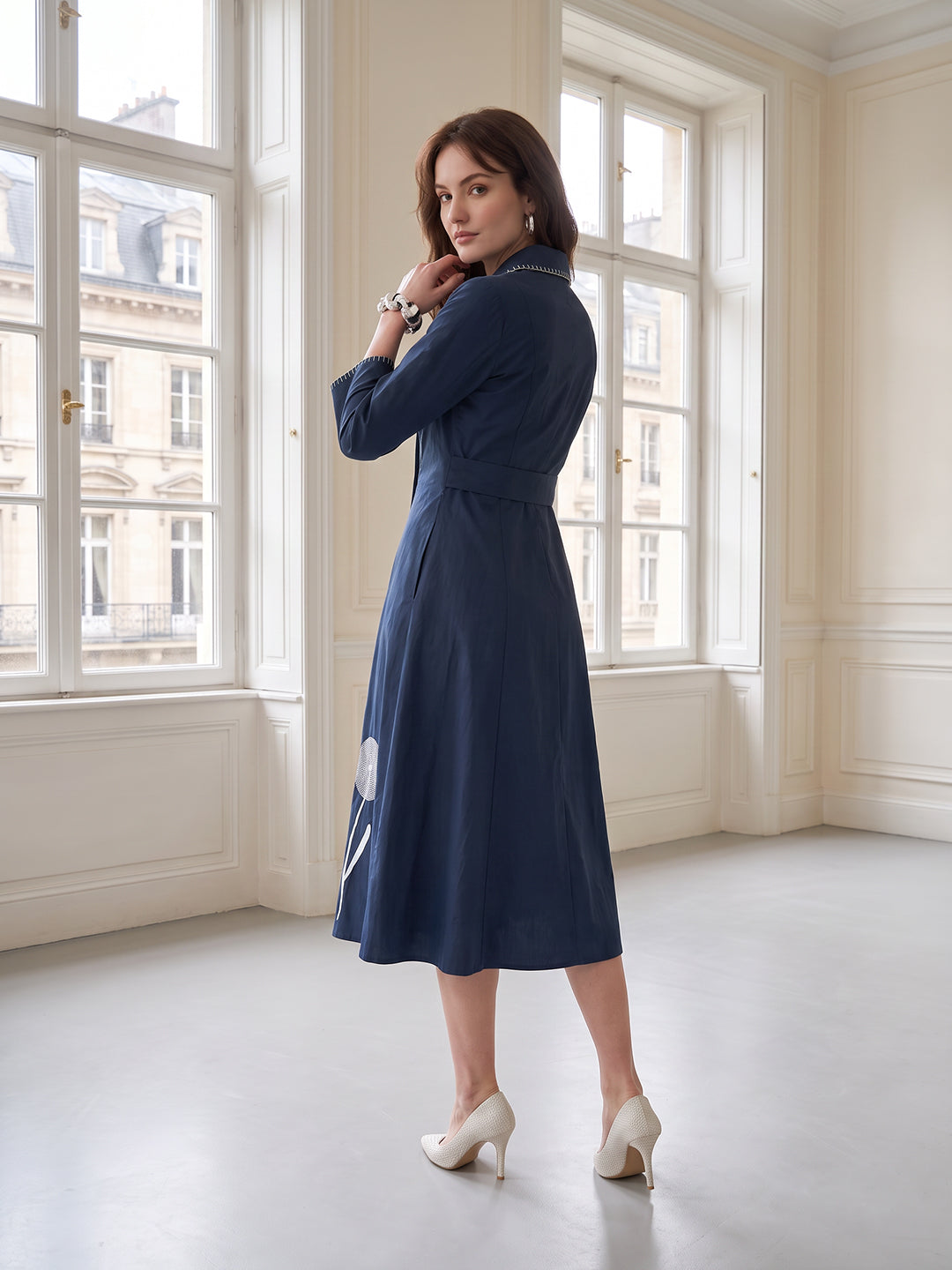 Zummer Women's Navy Blue Embroidered A-Line Wrap Midi Dress