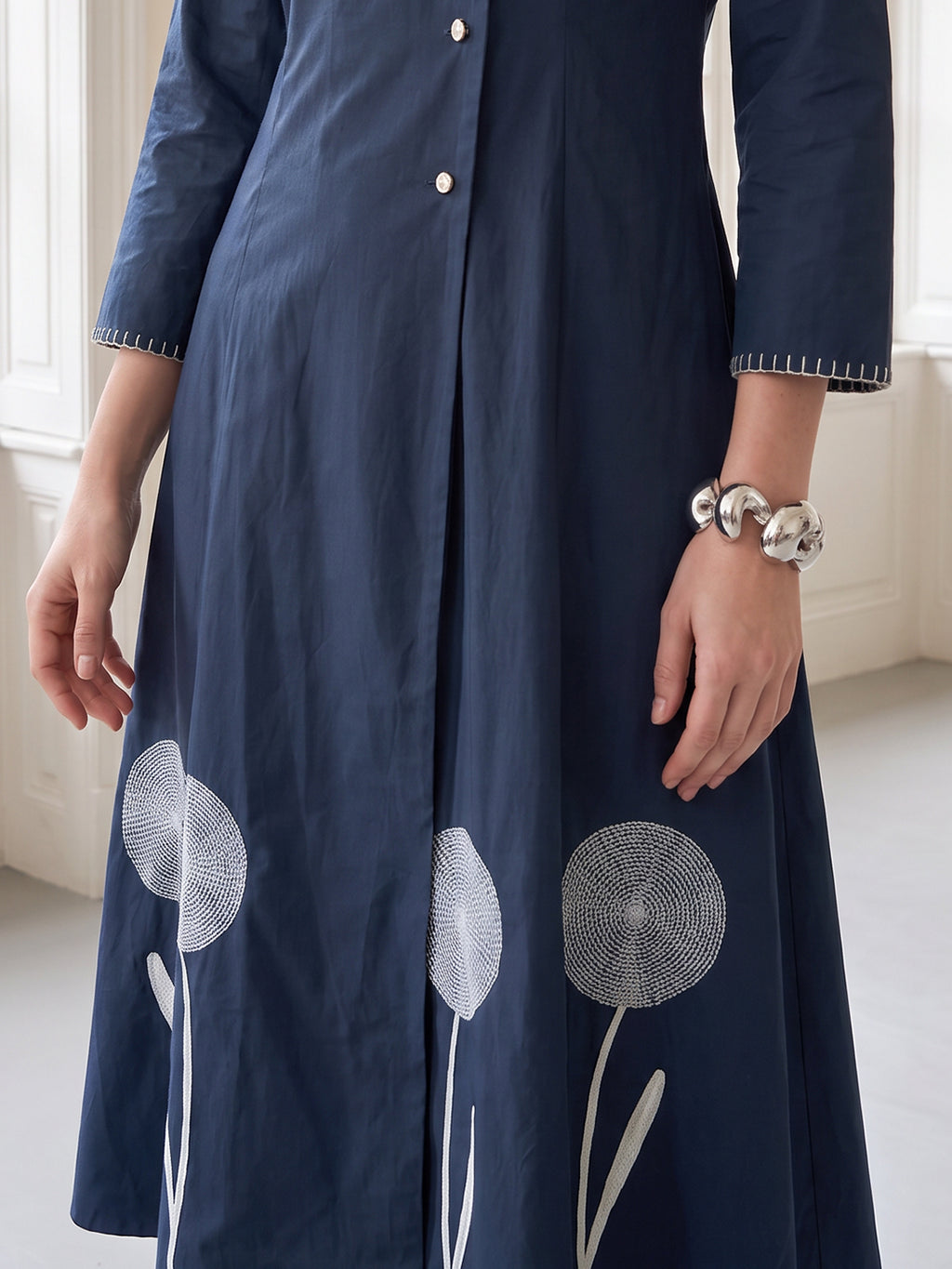Zummer Women's Navy Blue Embroidered A-Line Wrap Midi Dress