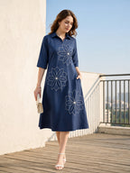 Zummer Navy Blue Embroidered Cotton Midi Dress