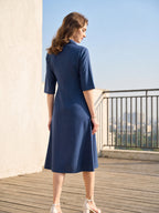 Zummer Navy Blue Embroidered Cotton Midi Dress