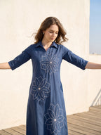 Zummer Navy Blue Embroidered Cotton Midi Dress