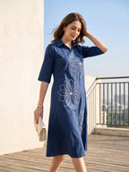 Zummer Navy Blue Embroidered Cotton Midi Dress