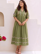 Zummer Women Olive Embroidered Cotton Midi Dress