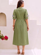Zummer Women Olive Embroidered Cotton Midi Dress