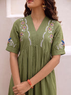 Zummer Women Olive Embroidered Cotton Midi Dress
