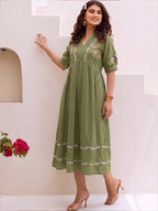 Zummer Women Olive Embroidered Cotton Midi Dress