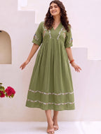 Zummer Women Olive Embroidered Cotton Midi Dress