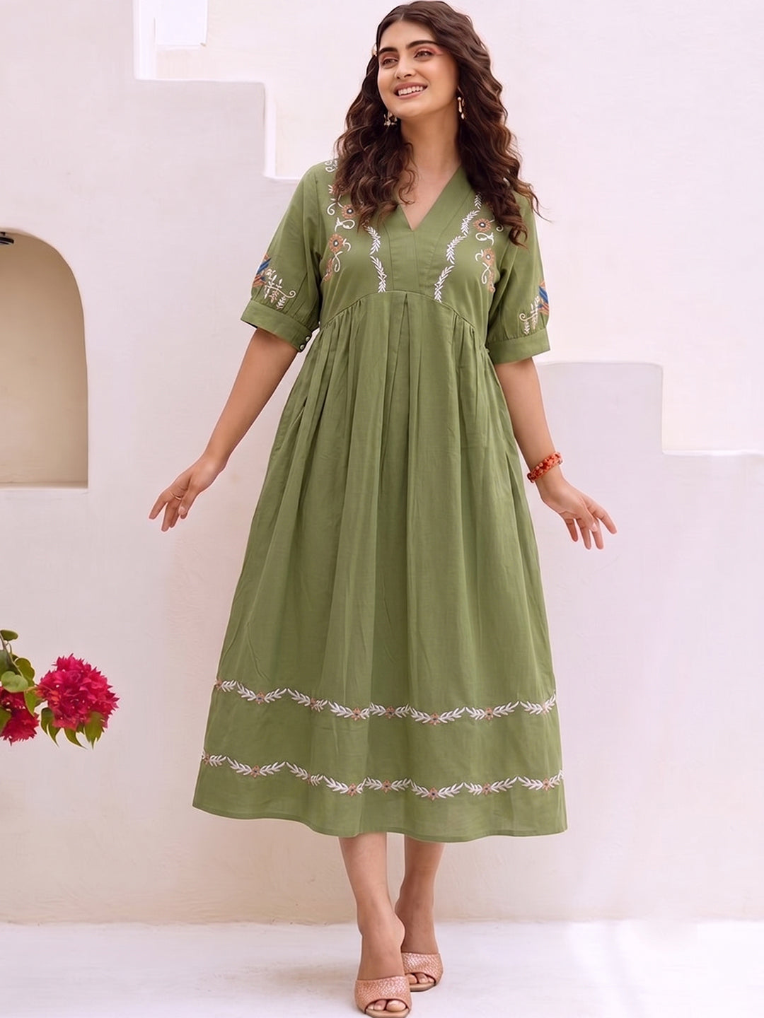 Zummer Women Olive Embroidered Cotton Midi Dress