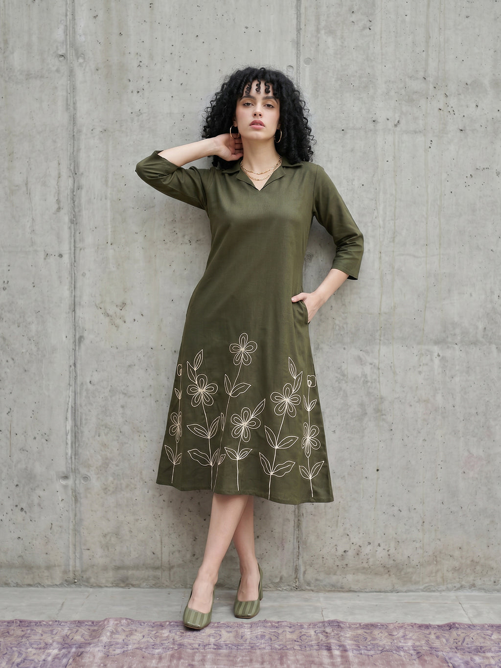 Zummer Olive Embroidered Cotton Midi Dress