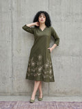 Zummer Olive Embroidered Cotton Midi Dress