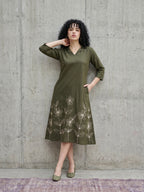 Zummer Olive Embroidered Cotton Midi Dress