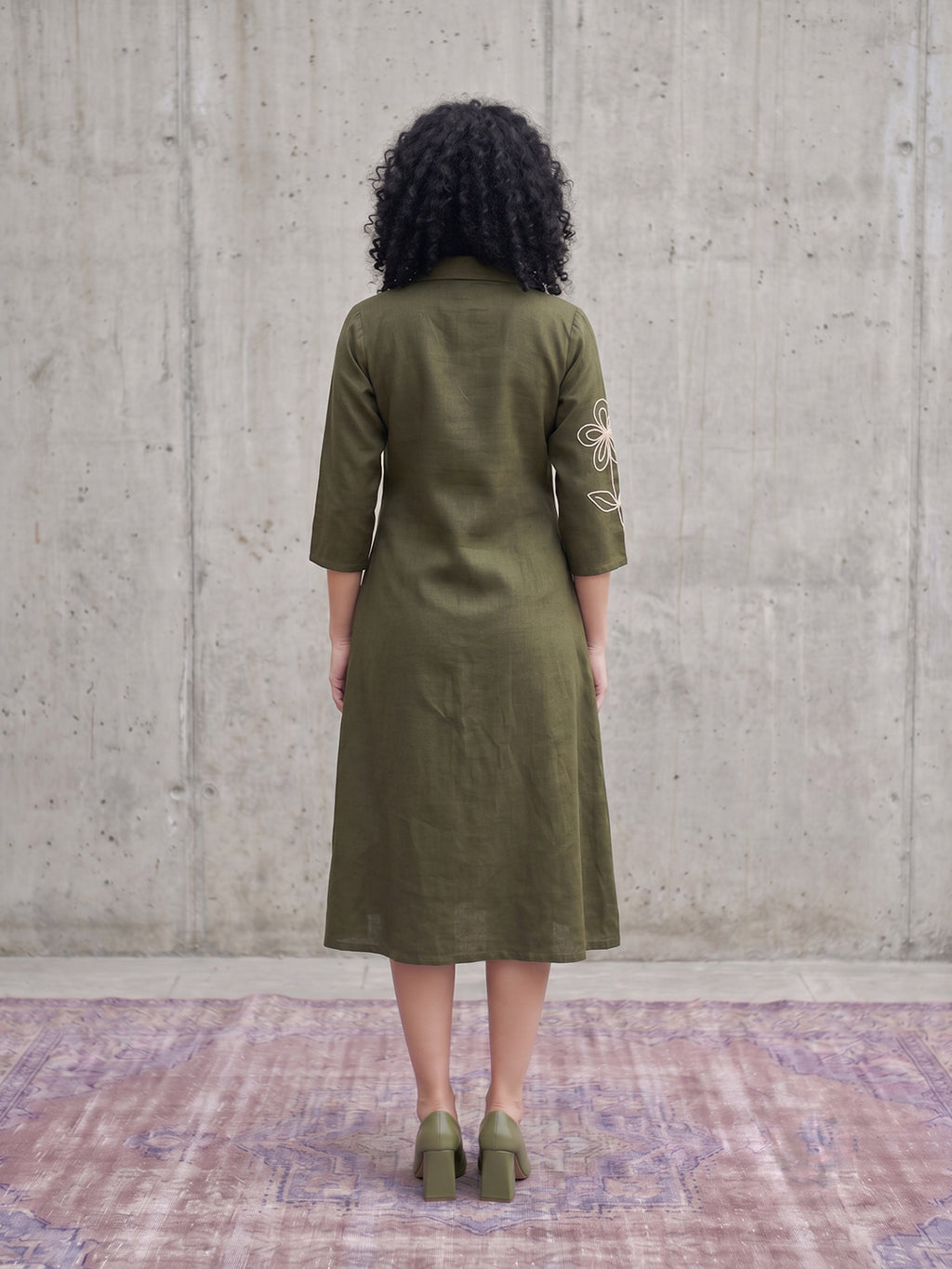 Zummer Olive Embroidered Cotton Midi Dress