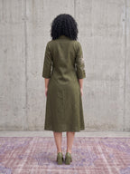 Zummer Olive Embroidered Cotton Midi Dress