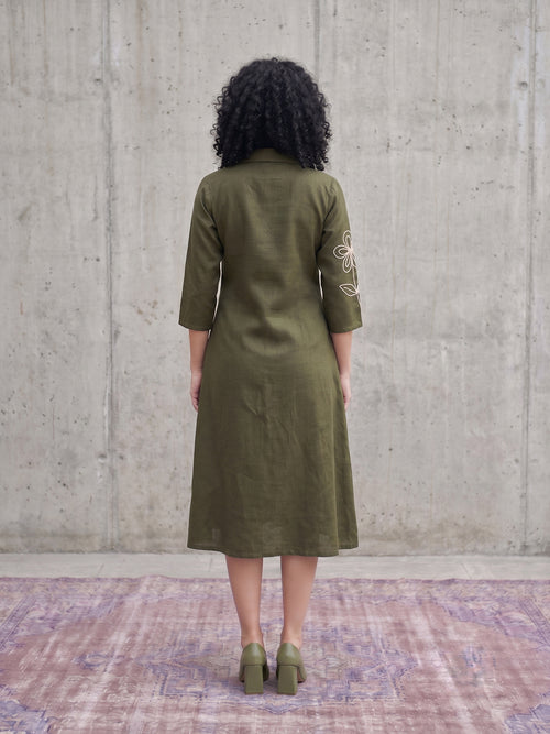 Zummer Olive Embroidered Cotton Midi Dress
