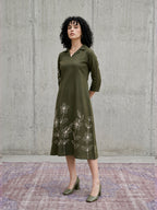 Zummer Olive Embroidered Cotton Midi Dress