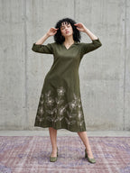 Zummer Olive Embroidered Cotton Midi Dress