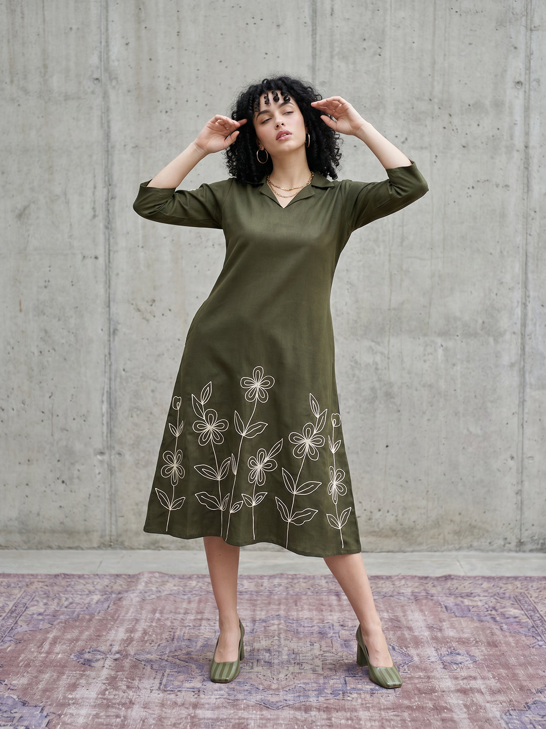 Zummer Olive Embroidered Cotton Midi Dress