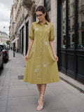 Zummer Women Olive Embroidered Cotton Midi Shirt Dress