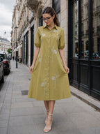 Zummer Women Olive Embroidered Cotton Midi Shirt Dress