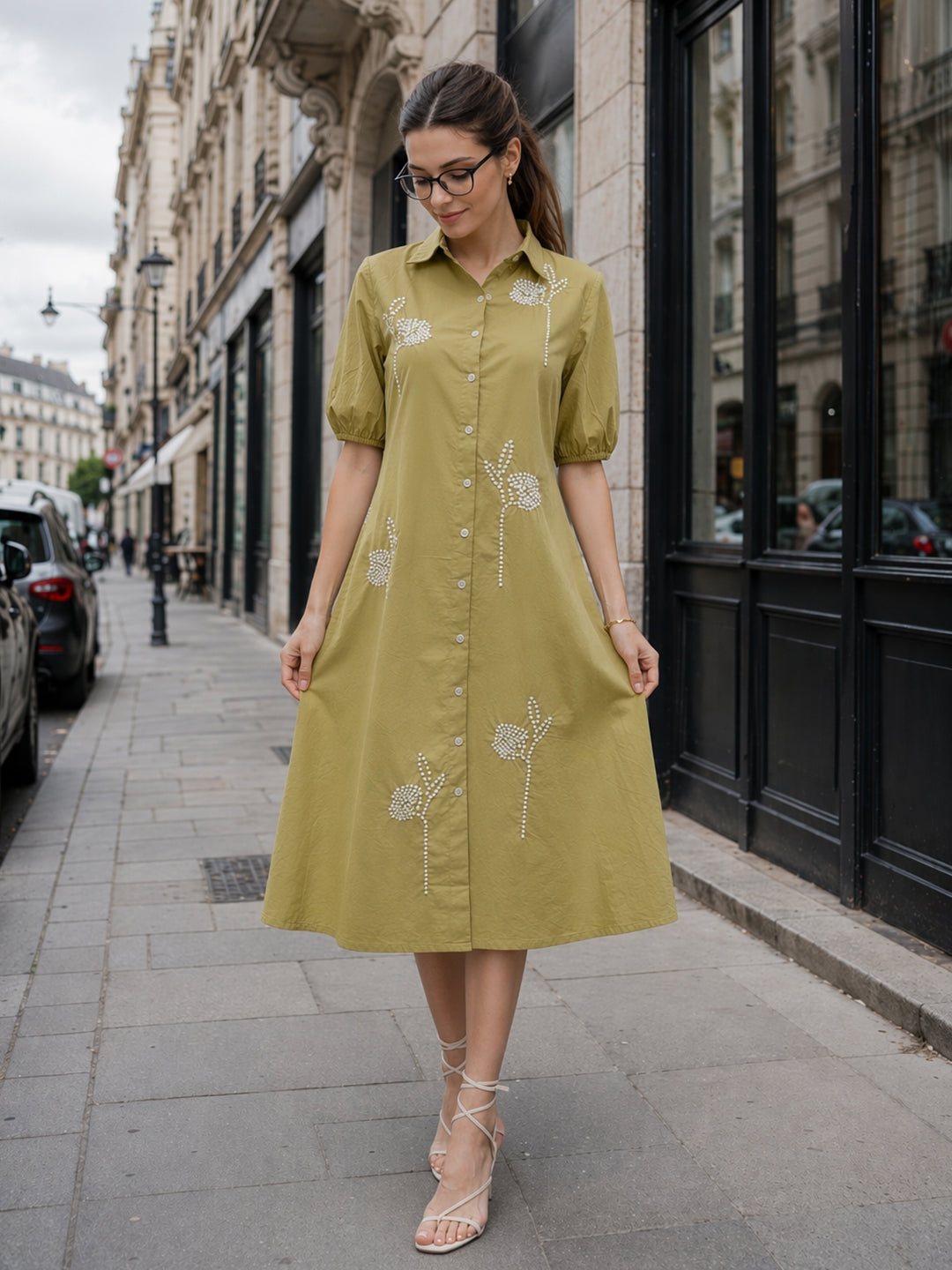 Zummer Women Olive Embroidered Cotton Midi Shirt Dress