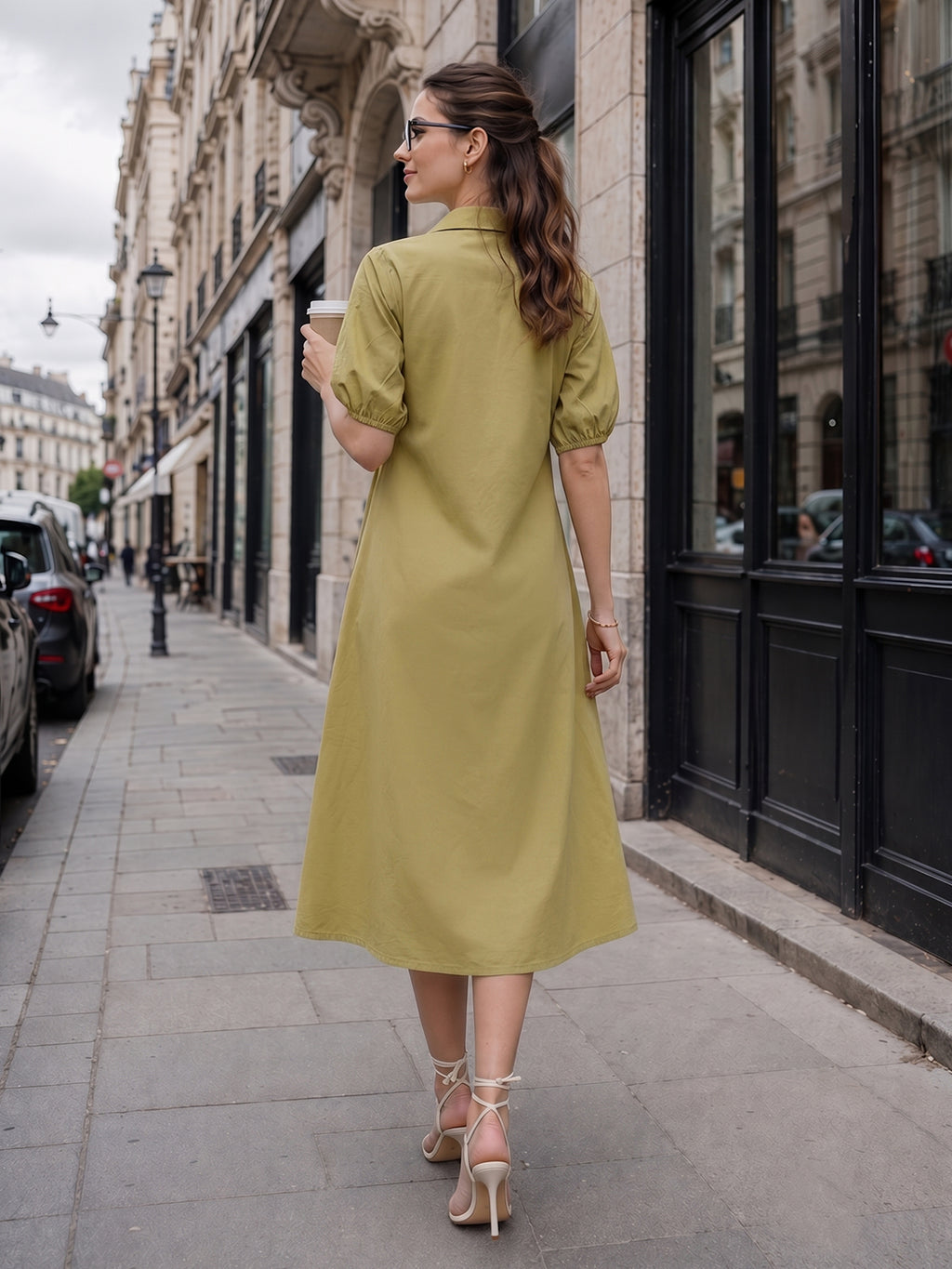 Zummer Women Olive Embroidered Cotton Midi Shirt Dress