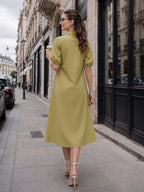 Zummer Women Olive Embroidered Cotton Midi Shirt Dress