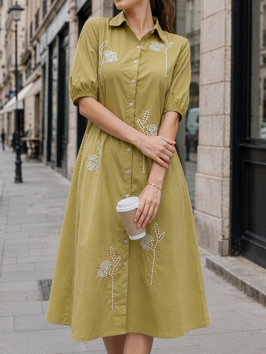 Zummer Women Olive Embroidered Cotton Midi Shirt Dress