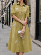 Zummer Women Olive Embroidered Cotton Midi Shirt Dress