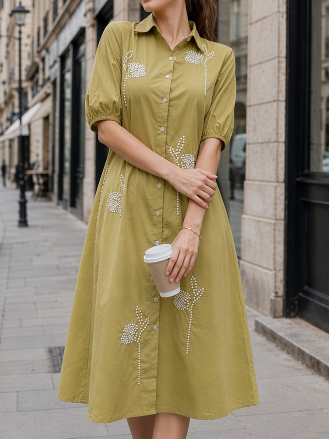 Zummer Women Olive Embroidered Cotton Midi Shirt Dress