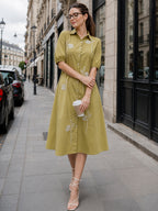 Zummer Women Olive Embroidered Cotton Midi Shirt Dress