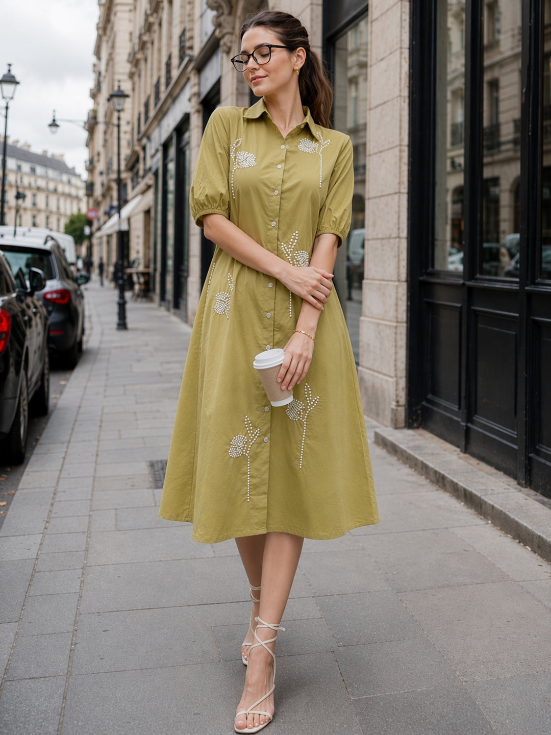 Zummer Women Olive Embroidered Cotton Midi Shirt Dress