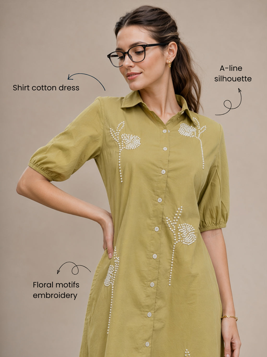 Zummer Women Olive Embroidered Cotton Midi Shirt Dress