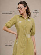 Zummer Women Olive Embroidered Cotton Midi Shirt Dress