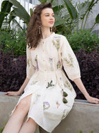Off White Cotton Embroidered Fit and Flare Short Dress with Puff Sleeves