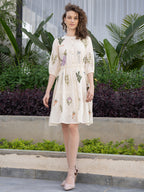 Off White Cotton Embroidered Fit and Flare Short Dress with Puff Sleeves