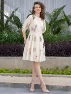 Off White Cotton Embroidered Fit and Flare Short Dress with Puff Sleeves