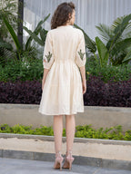 Off White Cotton Embroidered Fit and Flare Short Dress with Puff Sleeves