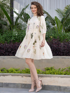 Off White Cotton Embroidered Fit and Flare Short Dress with Puff Sleeves