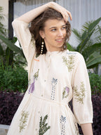 Off White Cotton Embroidered Fit and Flare Short Dress with Puff Sleeves