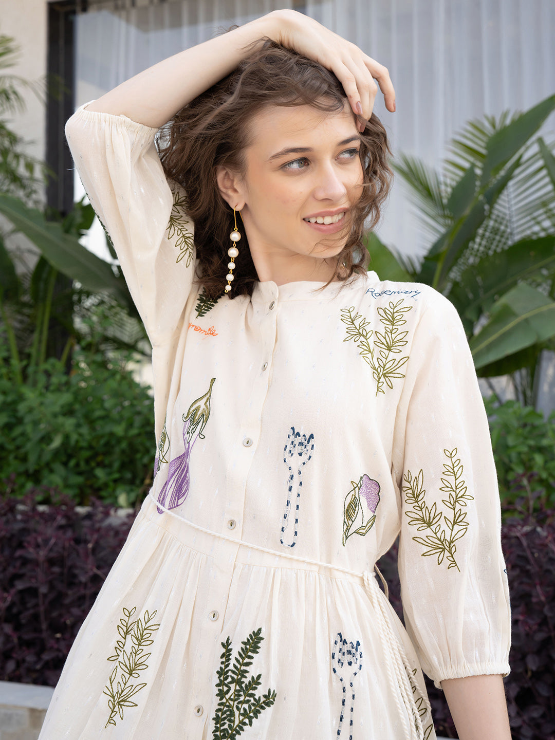 Zummer Off White Cotton Embroidered Fit and Flare Short Dress with Puff Sleeves