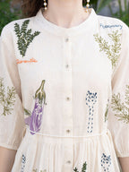 Off White Cotton Embroidered Fit and Flare Short Dress with Puff Sleeves