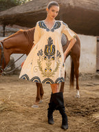 Off White Cotton Embroidered Empire Short Dress with Puff Sleeves