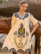 Off White Cotton Embroidered Empire Short Dress with Puff Sleeves